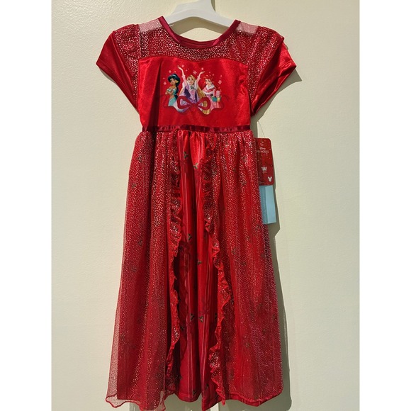 Disney Princess Red Sparkle Mesh Dress Girls Size 4T Short Sleeve Shimmer - Picture 2 of 5